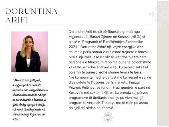 Doruntina Arifi është përfituese e grantit nga Agjencia pë Barazi Gjinore në Kosovë (ABGJ) si pjesë e “Programit të Rimëkëmjes Ekonomike 2021”